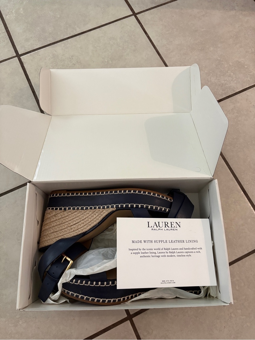 FREE SHIPPING Lauren Ralph Lauren Navy Leather Espadrille Wedge Sandals - Size 9